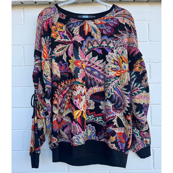 Eva Franco Boho Floral Paisley Ruched-Sleeve Sweatshirt, M, Made in USA - Picture 1 of 9